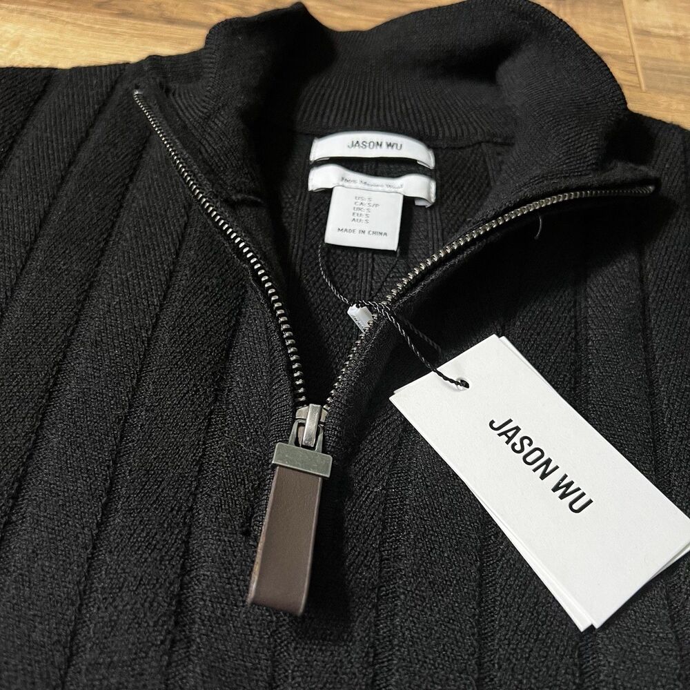 NWT Jason Wu Sweater Men's M Black 100% Merino Wool Ribbed QuarterZip Pullover